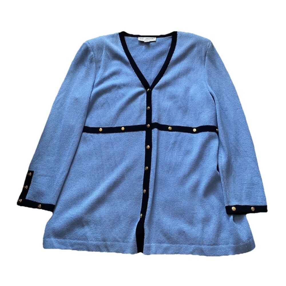 St. John Marie Gray Sweater Santana Knit 14 Blue Layering Wool Blend Duster